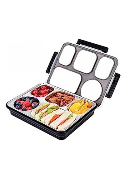 Vagonlife Bento 1600ml Lunchbox Tek Katlı 5 Bölmeli Çelik Sefer Tası Yemek Kutusu (Siyah)