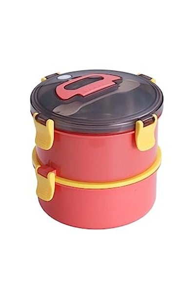 Vagonlife Bento 1600ml Yuvarlak Lunchbox Çift Katlı Çelik Sefer Tası Yemek Kutusu (Açık Kırmızı)