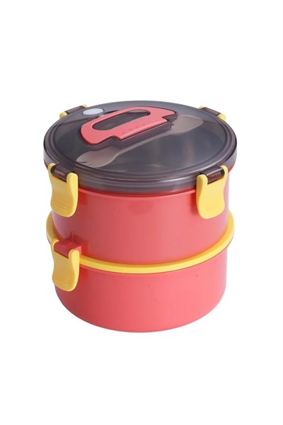Vagonlife Bento 1600ml Yuvarlak Lunchbox Çift Katlı Çelik Sefer Tası Yemek Kutusu (Açık Kırmızı)