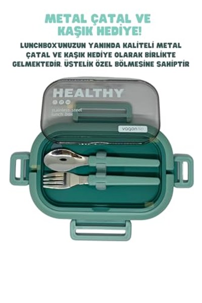 Vagonlife Bento 1650ml Lunchbox 2 Katlı 3 Bölmeli Paslanmaz Çelik Sefer Tası Yemek Kutusu (Yeşil)