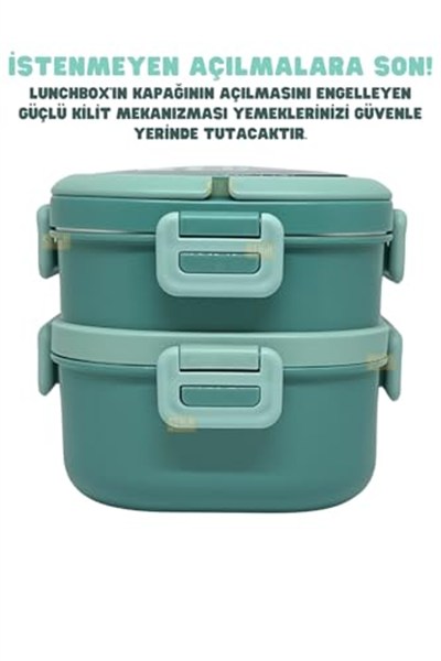 Vagonlife Bento 1650ml Lunchbox 2 Katlı 3 Bölmeli Paslanmaz Çelik Sefer Tası Yemek Kutusu (Yeşil)