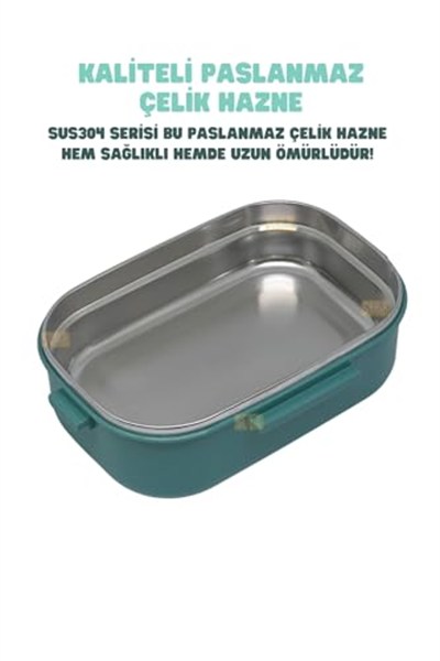 Vagonlife Bento 1650ml Lunchbox 2 Katlı 3 Bölmeli Paslanmaz Çelik Sefer Tası Yemek Kutusu (Yeşil)