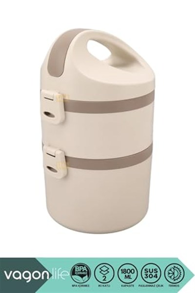 Vagonlife Bento 1800ml Lunchbox 2 Katlı 4-6 Saat Sıcak/Soğuk Termos Özellikli Çelik Sefer Tası Yemek Kutusu (Bej)