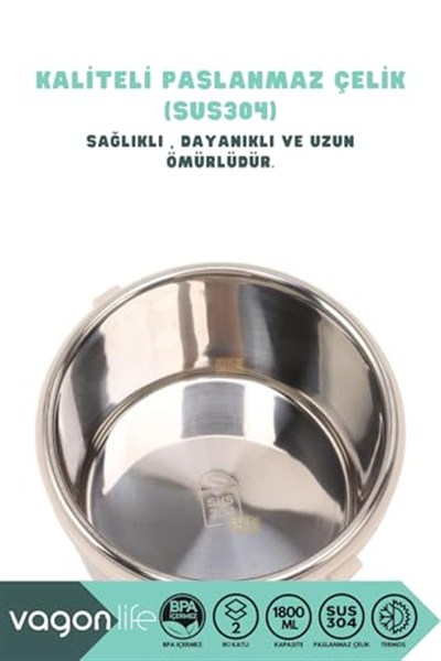 Vagonlife Bento 1800ml Lunchbox 2 Katlı 4-6 Saat Sıcak/Soğuk Termos Özellikli Çelik Sefer Tası Yemek Kutusu (Bej)