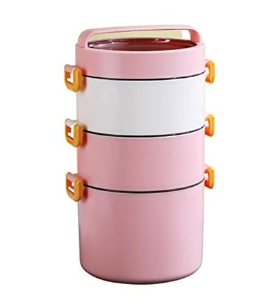Vagonlife Bento 1800ml Lunchbox 3 Katlı Çelik Sefer Tası (Pembe)