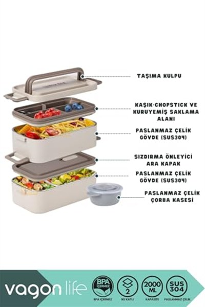 Vagonlife Bento 2000ml Lunchbox 2 Katlı 3 Bölmeli Mini Kaseli Çelik Sefer Tası Yemek Kutusu (Beyaz)