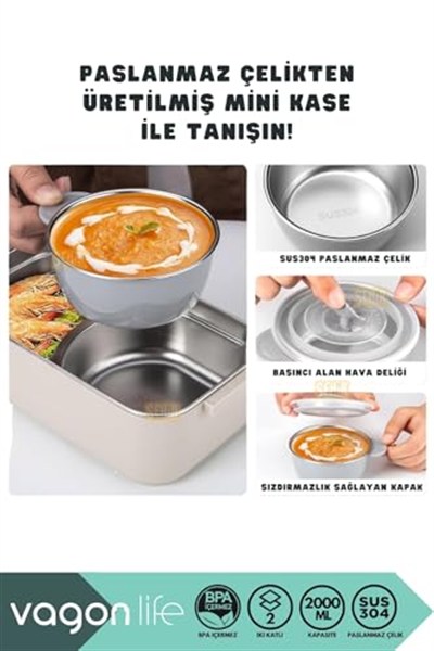 Vagonlife Bento 2000ml Lunchbox 2 Katlı 3 Bölmeli Mini Kaseli Çelik Sefer Tası Yemek Kutusu (Beyaz)