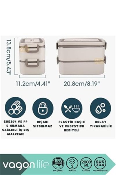 Vagonlife Bento 2000ml Lunchbox 2 Katlı 3 Bölmeli Mini Kaseli Çelik Sefer Tası Yemek Kutusu (Beyaz)