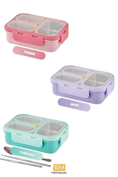 Vagonlife Bento 620ml Lunchbox Tek Katlı 3 Bölmeli Çelik Sefer Tası Yemek Kutusu (Turkuaz)