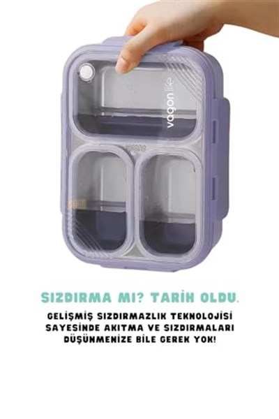 Vagonlife Bento 620ml Lunchbox Tek Katlı 3 Bölmeli Çelik Sefer Tası Yemek Kutusu (Turkuaz)