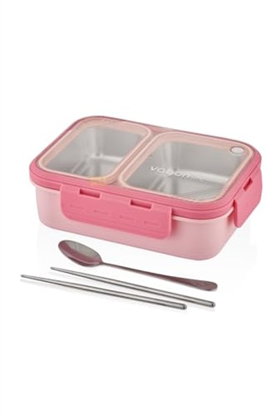 Vagonlife Bento 700ml Lunchbox Tek Katlı 2 Bölmeli Çelik Sefer Tası Yemek Kutusu (Pembe)