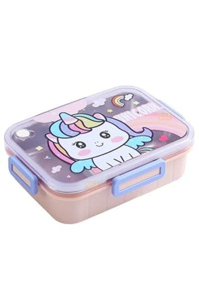 Vagonlife Bento 750ml Lunchbox Sevimli Dostlar Tek Katlı 3 Bölmeli Paslanmaz Çelik Sefer Tası Yemek Kutusu (Pembe Unicorn)