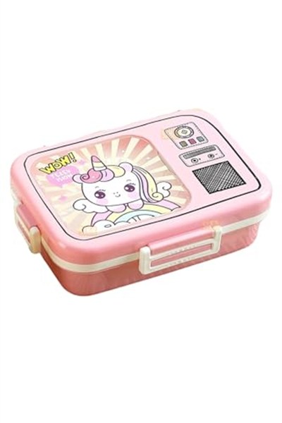 Vagonlife Bento 820ml Lunchbox Sevimli Dostlar Tek Katlı 3 Bölmeli Paslanmaz Çelik Sefer Tası Yemek Kutusu (Pembe Unicorn)
