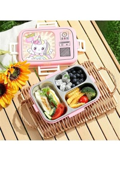 Vagonlife Bento 820ml Lunchbox Sevimli Dostlar Tek Katlı 3 Bölmeli Paslanmaz Çelik Sefer Tası Yemek Kutusu (Pembe Unicorn)