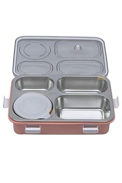 Vagonlife Bento 850ml Lunchbox Tek Katlı 4 Bölmeli ve Kaseli Çelik Sefer Tası Yemek Kutusu (Pembe)