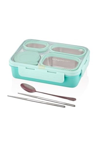 Vagonlife Bento 950ml Lunchbox Tek Katlı 4 Bölmeli Çelik Sefer Tası Yemek Kutusu (Turkuaz)
