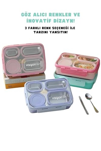 Vagonlife Bento 950ml Lunchbox Tek Katlı 4 Bölmeli Çelik Sefer Tası Yemek Kutusu (Turkuaz)
