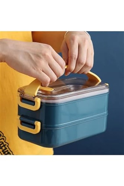 Vagonlife Bento Lunch Box Ofis-Okul İçin Yeni Nesil Sefer Tası 2 kat Taşıma Kulplu Çelik FF367 Lacivert