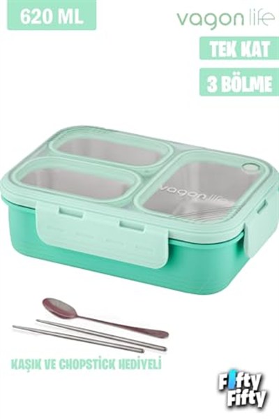 Vagonlife Lunch Box 620 ML Tek Kat Üç Bölmeli Metal Kaşıklı Yeni Nesil Sefer Tası-FFLBOX7097