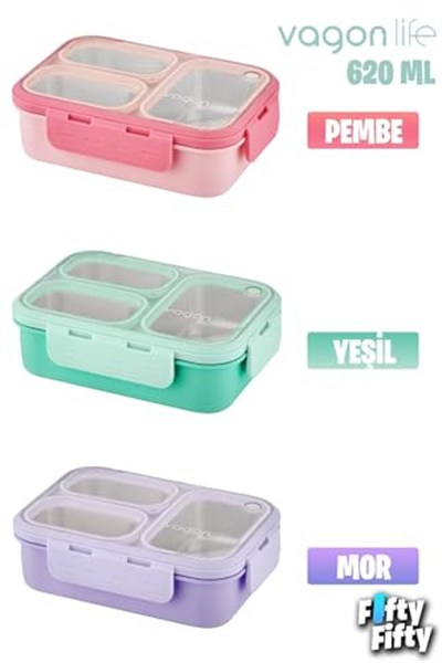 Vagonlife Lunch Box 620 ML Tek Kat Üç Bölmeli Metal Kaşıklı Yeni Nesil Sefer Tası-FFLBOX7097