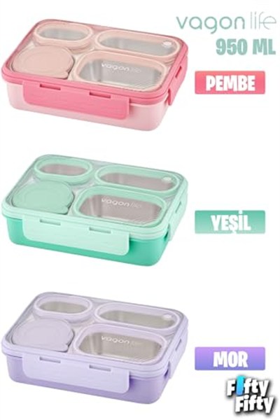 Vagonlife Lunch Box 950 ML Paslanmaz Çelik Tek Kat Dört Bölmeli Çorba Kaseli Metal Kaşıklı-FFLBOX7099