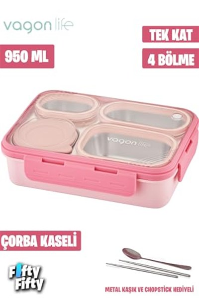 Vagonlife Lunch Box 950 ML Paslanmaz Çelik Tek Kat Dört Bölmeli Çorba Kaseli Metal Kaşıklı-FFLBOX7099