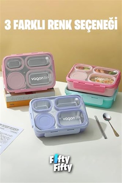 Vagonlife Lunch Box 950 ML Paslanmaz Çelik Tek Kat Dört Bölmeli Çorba Kaseli Metal Kaşıklı-FFLBOX7099