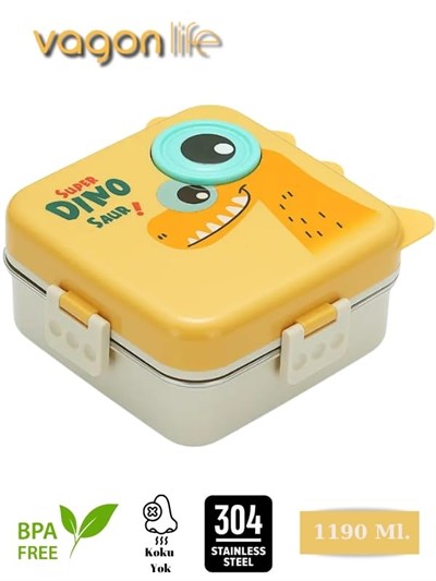 Vagonlife Süper Dino Üç Bölmeli + Sos Kaseli Yeni Nesil Çocuk Beslenme Kutusu - Lunch Box 1190 Ml.