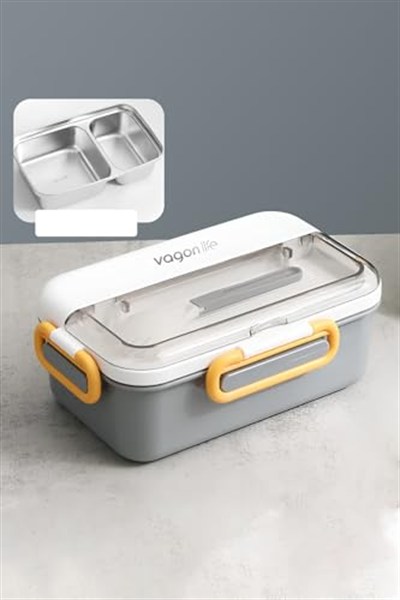 Vagonlife Tek Kat Çift Bölme Bento Lunch Box Ofis-Okul İçin Yeni Nesil Sefer Tası Paslanmaz Çelik 588 Gri