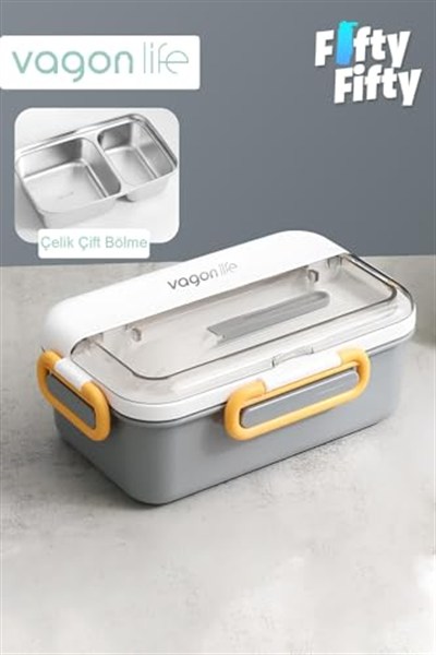 Vagonlife Tek Kat Çift Bölme Bento Lunch Box Ofis-Okul İçin Yeni Nesil Sefer Tası Paslanmaz Çelik 588 Gri