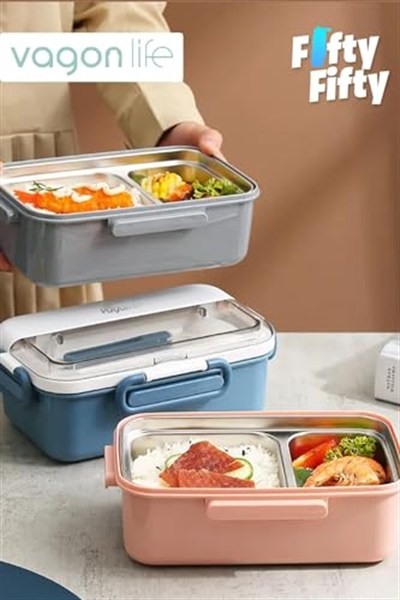 Vagonlife Tek Kat Çift Bölme Bento Lunch Box Ofis-Okul İçin Yeni Nesil Sefer Tası Paslanmaz Çelik 588 Gri