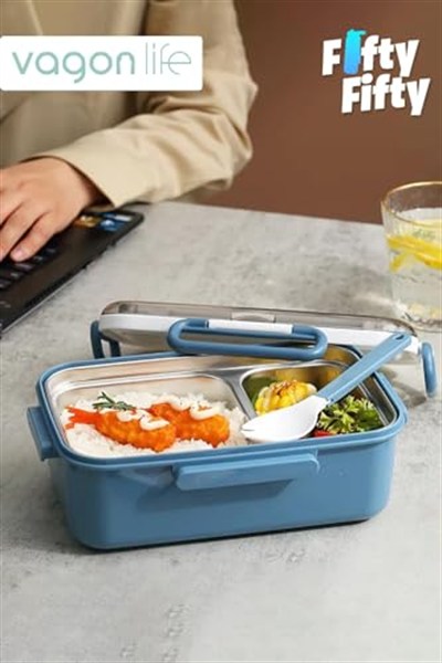 Vagonlife Tek Kat Çift Bölme Bento Lunch Box Ofis-Okul İçin Yeni Nesil Sefer Tası Paslanmaz Çelik 588 Gri