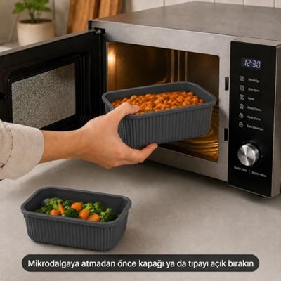 Vakumlu Silikon Kapaklı Plastik Saklama Kabı Seti, 3.5 Litre, Mikrodalga ve Derin Dondurucu İçin, Gıda Depolama Kutusu, Mutfak Düzenleyici Organizer (600/1100/1800 ml) (Antrasit, Dikdörtgen)