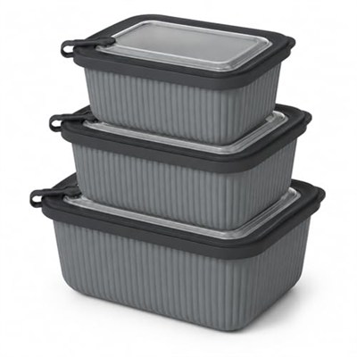 Vakumlu Silikon Kapaklı Plastik Saklama Kabı Seti, 3.5 Litre, Mikrodalga ve Derin Dondurucu İçin, Gıda Depolama Kutusu, Mutfak Düzenleyici Organizer (600/1100/1800 ml) (Antrasit, Dikdörtgen)