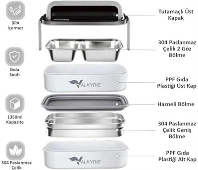 Valkyrie 1350 ml Termal Yemek Kabı Seti – Çelik Bölmeli Sızdırmaz Lunch Box + Isı Yalıtımlı Çanta
