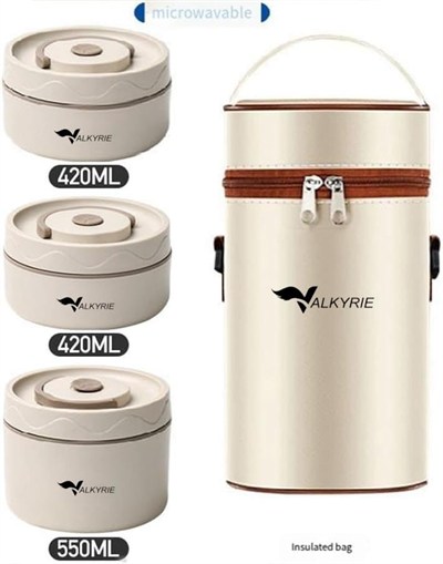 Valkyrie 3 Gözlü Paslanmaz Çelik Isı Yalıtımlı Yemek Kabı Seti Çantalı 304 Steel 2 x 420ml + 550ml
