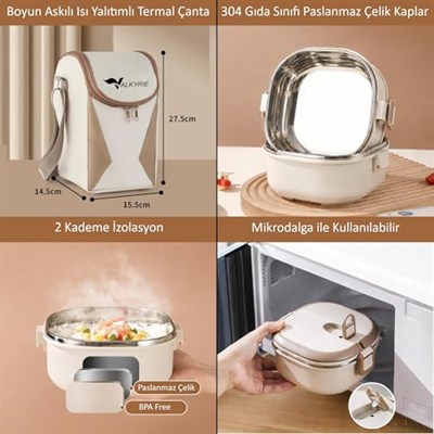 Valkyrie 3 Katlı Yemek Kabı 2100 ml – Termal Çantalı Lunch Box, 304 Paslanmaz Çelik, BPA İçermez