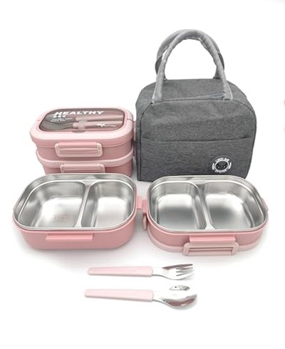 Valkyrie 304 Çelik Bölmeli Lunch Box Seti | Termal Çantalı, Bölmeli, Çatal Kaşıklı, Sızdırmaz Yemek Kabı Pembe