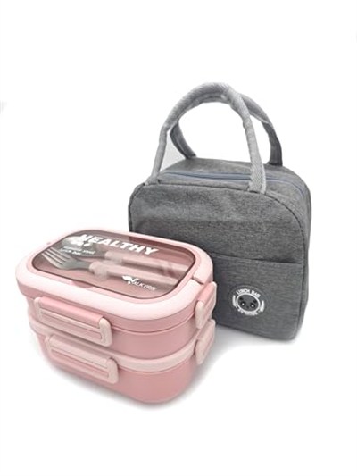 Valkyrie 304 Çelik Bölmeli Lunch Box Seti | Termal Çantalı, Bölmeli, Çatal Kaşıklı, Sızdırmaz Yemek Kabı Pembe