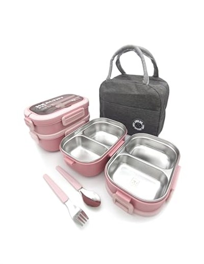 Valkyrie 304 Çelik Bölmeli Lunch Box Seti | Termal Çantalı, Bölmeli, Çatal Kaşıklı, Sızdırmaz Yemek Kabı Pembe