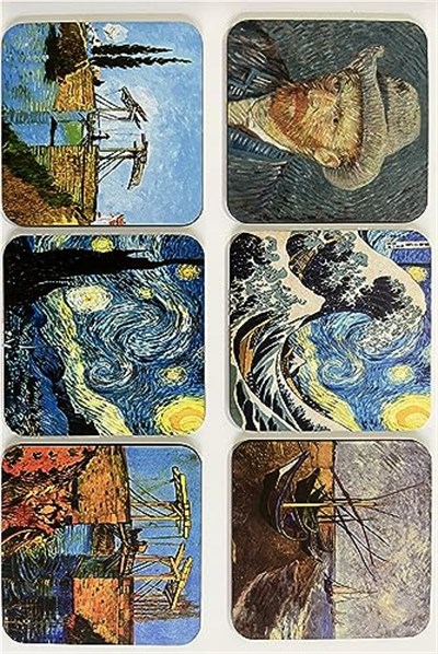Van Gogh Temalı Ahşap Bardak Altlığı Ahşap Baskılı Altlık 6lı set (9 x9CM) karbonNM14