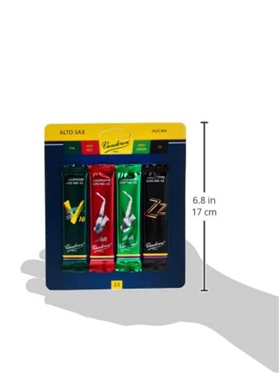 Vandoren SRMIXA25 Alto Sax Jazz Reed Karışık Kart her biri 1 adet ZZ, V16, JAVA ve JAVA Red Strength 2.5 içerir