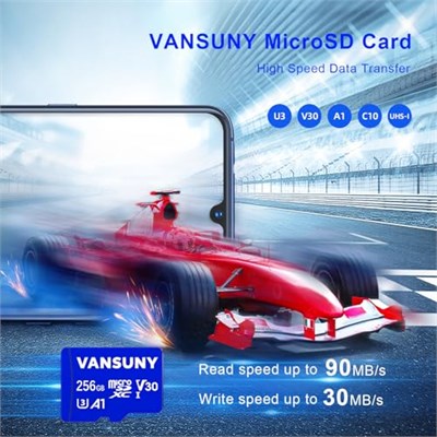 Vansuny Micro SD kartı 256 GB hafıza kartı Micro SD 256 GB SD adaptörlü, 100 MB/snye kadar okuma hızı (UHS-I, U3, A1, V30, C10, 4K UHD microSDXC)