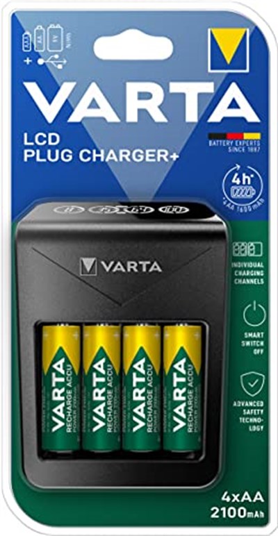 VARTA Akü şarj cihazı, 4 x AA 2100 mAh dahil, şarj edilebilir AA/AAA/9V ve USB cihazlar için, LCD Plug Charger+, tek yuvalı şarj, siyah