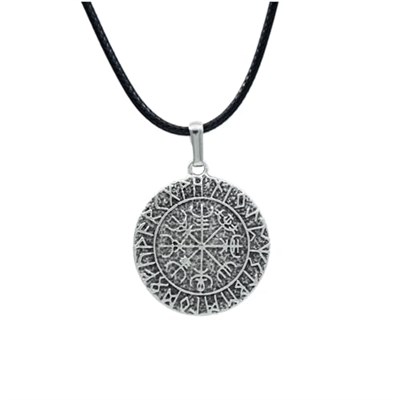 Vegvisir Viking Pusulası Deri ip Kolye - Gümüş Kaplama - Kadın Erkek Kolye - No:1009