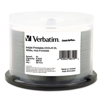 Verbatim DVD+R DL 8.5GB 8X DataLifePlus Beyaz Mürekkep Püskürtmeli Yazdırılabilir, Hub Yazdırılabilir - 50pk Mil - 98319