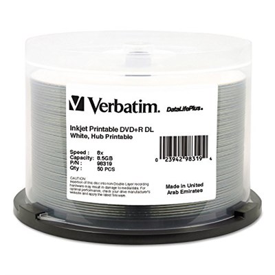 Verbatim DVD+R DL 8.5GB 8X DataLifePlus Beyaz Mürekkep Püskürtmeli Yazdırılabilir, Hub Yazdırılabilir - 50pk Mil - 98319