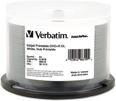Verbatim DVD+R DL 8.5GB 8X DataLifePlus Beyaz Mürekkep Püskürtmeli Yazdırılabilir, Hub Yazdırılabilir - 50pk Mil - 98319