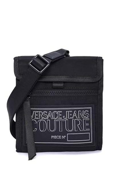 VERSACE JEANS COUTURE Erkekler için Siyah Technicolor Kumaş İmza Crossbody Çanta, Siyah, 8.5x7.5x1