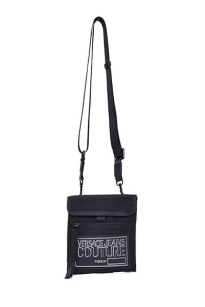 VERSACE JEANS COUTURE Erkekler için Siyah Technicolor Kumaş İmza Crossbody Çanta, Siyah, 8.5x7.5x1